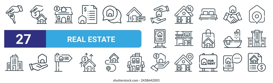 set of 27 outline web real estate icons such as key, house price, loan, promotion, house, home, finance, loan vector thin line icons for web design, mobile app.