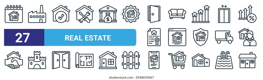 set of 27 outline web real estate icons such as house, factory, house, sofa, homepage, castle, real estate, house vector thin line icons for web design, mobile app.