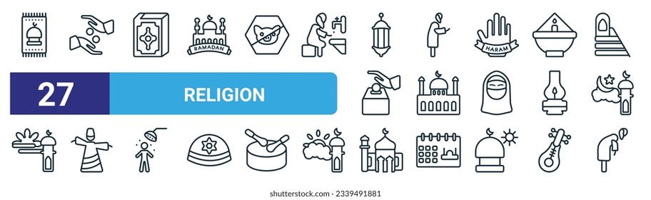 set of 27 outline web religion icons such as islamic praying carpet, sadaqah, mushaf, muslim man praying, mosque and minaret, sufi mystic, small mosque, ruku posture vector thin line icons for web