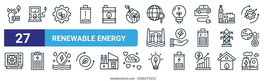 set of 27 outline web renewable energy icons such as  , fuels,  clean, energy saving, policy, green energy, air pollution vector thin line icons for web design, mobile