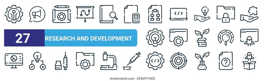 set of 27 outline web research and development icons such as technology, marketing, blueprint, coding, development, decision making, web coding, product release vector thin line icons for web