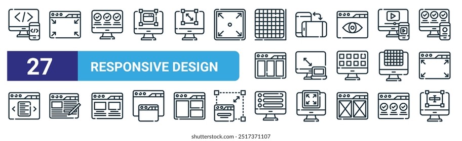 Satz von 27 Umriss Web Responsive Design-Symbole wie Codierung, minimieren, Computer, Flip, reagieren, Inhalt, Menü, Texteditor Vektor dünne Linie Symbole für Web-Design, mobile App.