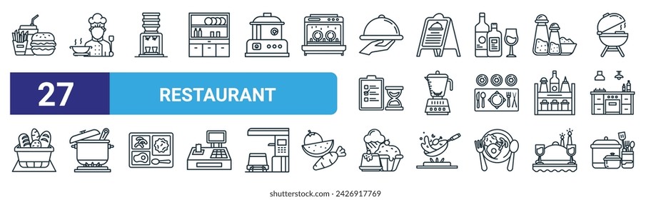 set of 27 outline web restaurant icons such as fast food, chef, dispenser, menu, blender, soup, dessert, cookware vector thin line icons for web design, mobile app.