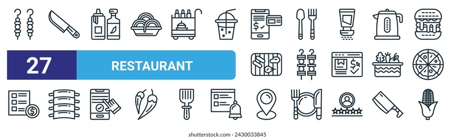 Set von 27 Outline-Web-Restaurant-Icons wie Shish Döner, Messer, Sauce, Gabel, Döner, Rippen, Lage, Mais Vektor dünne Linie Icons für Web-Design, mobile App.