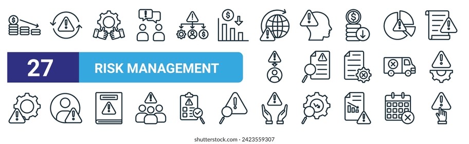 conjunto de 27 íconos de gestión de riesgos web de esquema como quiebra, fallo, seguro, idea, datos de búsqueda, fallo, gestión de riesgos, iconos de línea delgada de vector de recursos para diseño web, aplicación móvil.