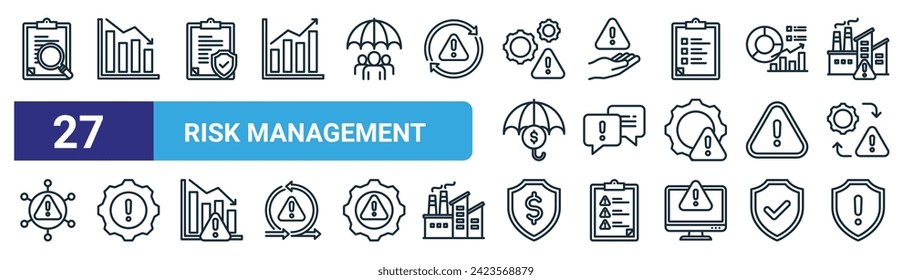 conjunto de 27 íconos de gestión de riesgos web de esquema como investigación, recesión, seguros, gestión de riesgos, faq, gestión de riesgos, seguros, iconos de línea delgada de vector de escudo para diseño web, aplicación móvil.