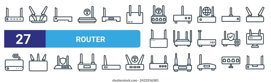 Set von 27 Umriss-Web-Router-Icons wie Router, Router, Vektor dünne Linie Symbole für Web-Design, mobile App.