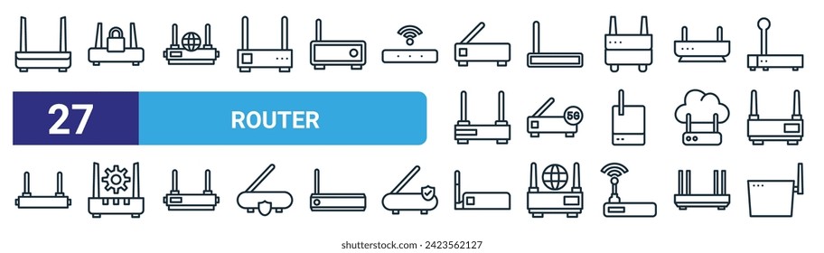 Set von 27 Umriss-Web-Router-Icons wie Router, Router, Vektor dünne Linie Symbole für Web-Design, mobile App.