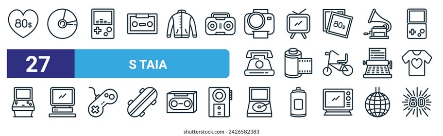 set of 27 outline web s taia icons such as love, vinyl disc, game console, television, film roll, monitor, vinyl player, s vector thin line icons for web design, mobile app.