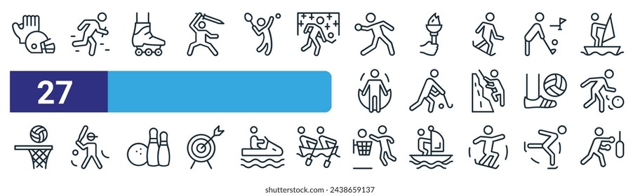 Set von 27 Outline Web S Icons wie Spielgeräte, Relay Race, Rollschuhe, Flamme, Feldhockey, Baseball, Basketball, Boxer Vektor dünne Linie Icons für Web-Design, mobile App.