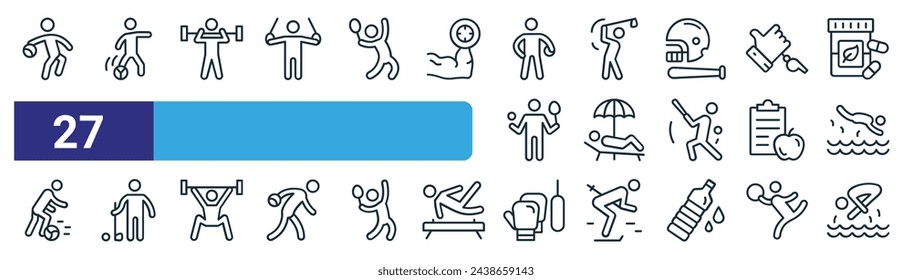 set of 27 outline web s icons such as bowling, soccer player, weightlifting, golf, sunbath, golf, boxing, diving vector thin line icons for web design, mobile app.