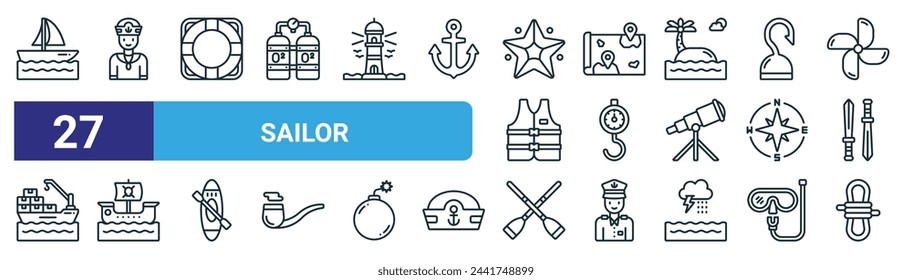 Set von 27 Outline Web Segler Icons wie Segelboot, Segler, Rettungsboot, Karte, Gewicht, Piratenschiff, Ruder, Seil Vektor dünne Linie Icons für Web-Design, mobile App.