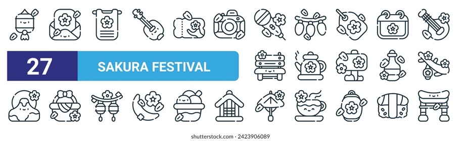 set of 27 outline web sakura festival icons such as sakura, letter, banner, lights, tea ceremony, picnic, wagasa, torii vector thin line icons for web design, mobile app.