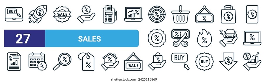 set of 27 outline web sales icons such as buy, startup, promotion, shopping basket, voucher, calendar, discount, sale vector thin line icons for web design, mobile app.