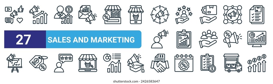 set of 27 outline web sales and marketing icons such as social media, sales marketing, sales manager, experience, plan, price tag, collaboration, profit vector thin line icons for web design, mobile