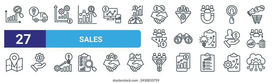 set of 27 outline web sales icons such as forecasting, tracking, management, sales funnel, prospecting, compensation, conversion, salesforce vector thin line icons for web design, mobile app.