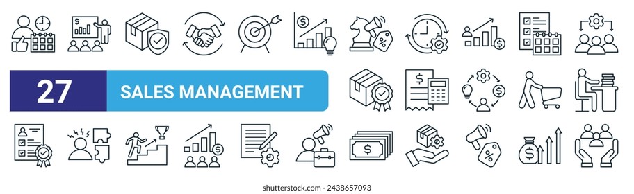 set of 27 outline web sales management icons such as discipline, presentation, safety, process, calculation, difficulty, money, human resources vector thin line icons for web design, mobile app.
