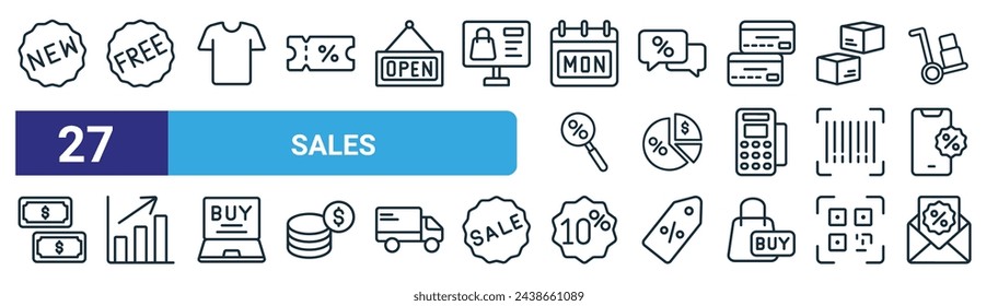 conjunto de 27 iconos de ventas web esquemáticas como nuevo, gratis, camiseta, burbuja, gráfico, gráfico de barras, porcentaje, vector de correo electrónico iconos de línea delgada para diseño web, aplicación móvil.