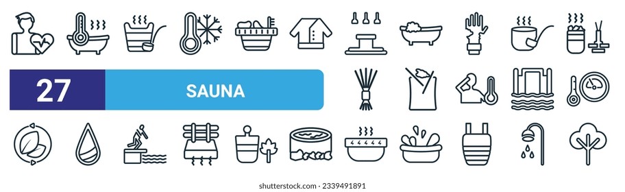 set of 27 outline web sauna icons such as cardiovascular system, warming-up time, smoke sauna, hamam, aroma stimulation, arterioles, snow paradise, steam jet vector thin line icons for web design,