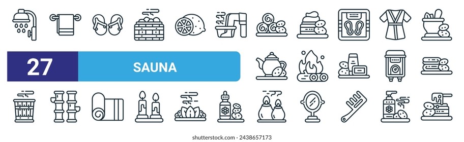 conjunto de 27 iconos de la sauna web de contorno tales como cabeza de ducha, toallero, flip flop, crema, hoguera, bambú, vela aromática, depilación vector de línea delgada iconos para diseño web, aplicación móvil.