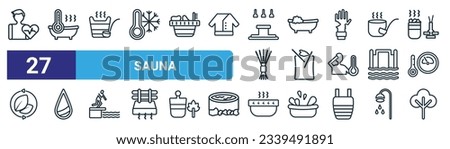 set of 27 outline web sauna icons such as cardiovascular system, warming-up time, smoke sauna, hamam, aroma stimulation, arterioles, snow paradise, steam jet vector thin line icons for web design, Stock photo © 