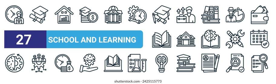 set of 27 outline web school and learning icons such as part time, graduate, homework, career, school, workforce, idea, research vector thin line icons for web design, mobile app.