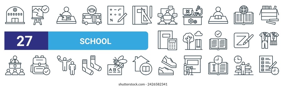 set of 27 outline web school icons such as gymnasium, art, writing, science fair, playground, backpack, shoes, exam vector thin line icons for web design, mobile app.