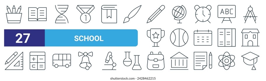 set of 27 outline web school icons such as pencil case, open book, biology, geography, basketball ball, mathematics, school bag, graduation cap vector thin line icons for web design, mobile app.