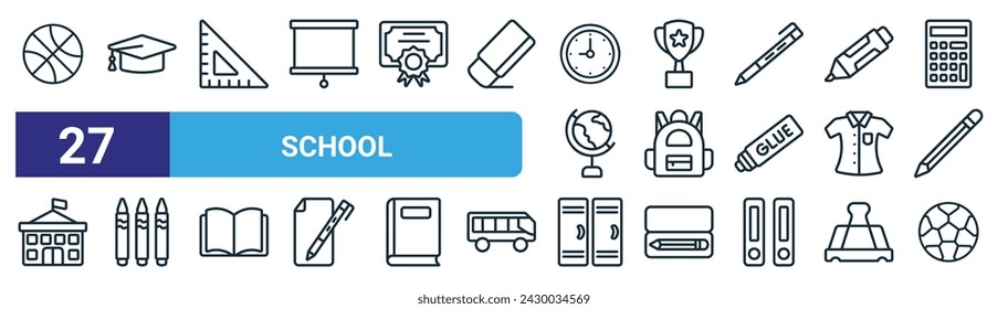 set of 27 outline web school icons such as basketball ball, mortarboard, square, trophy, backpack, color pencil, locker room, football vector thin line icons for web design, mobile app.