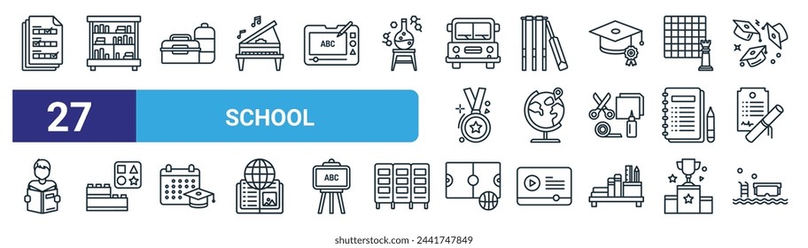 set of 27 outline web school icons such as exam, library, lunchbox, cricket, world map, toy, basketball, swimming pool vector thin line icons for web design, mobile app.