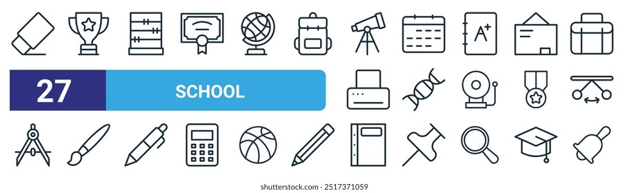 Conjunto de 27 iconos de la escuela de Web de contorno como borrador, trofeo, ábaco, calendario, ADN, pincel, libro, Vector de campana iconos de línea delgada para el Diseño web, App móvil.