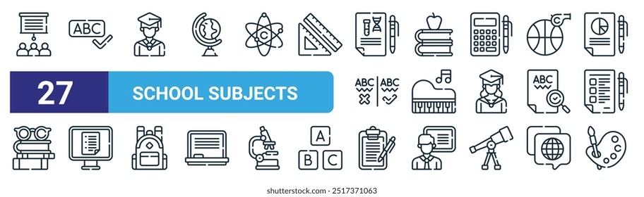 set of 27 outline web school subjects icons such as presentation, spelling, student, books, piano, exam, clipboard, art vector thin line icons for web design, mobile app.