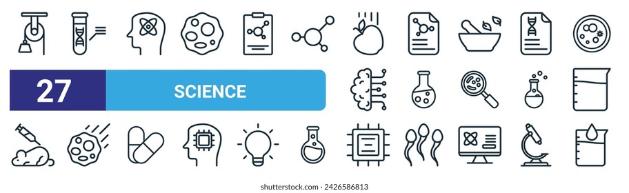 set of 27 outline web science icons such as pulley, dna, atom, genetics, flask, meteor, chip, diffusion vector thin line icons for web design, mobile app.