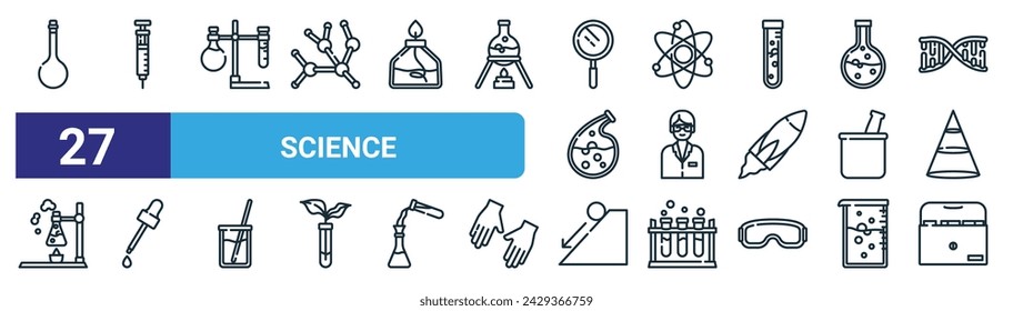 set of 27 outline web science icons such as volumetric flask, syringe, experiment, atom, scientist, dropper, gravity, notes vector thin line icons for web design, mobile app.
