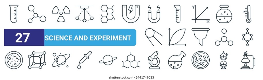 Set von 27 Outline Web Science und Experiment Icons wie Flasche, Chemie, toxisch, Flasche, Grafik, Physik, Mikroskop, Labor Vektor dünne Linie Icons für Web-Design, mobile App.