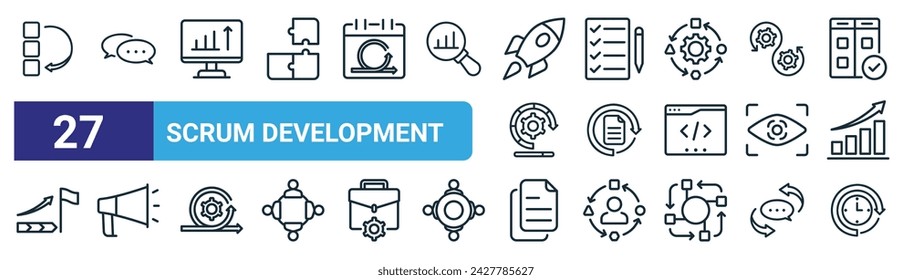 set of 27 outline web scrum development icons such as priority, chat, metrics, to do list, project management, megaphone, backlog, time vector thin line icons for web design, mobile app.