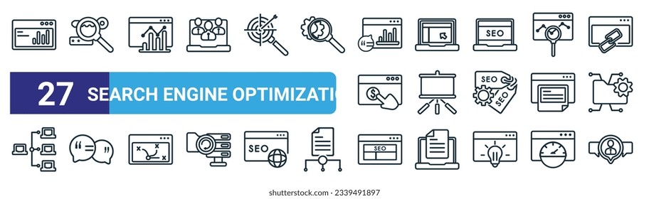 set of 27 outline web search engine optimization icons such as de, keywords, ranking, home page, whiteboard, speech bubbles, site, viral marketing vector thin line icons for web design, mobile app.