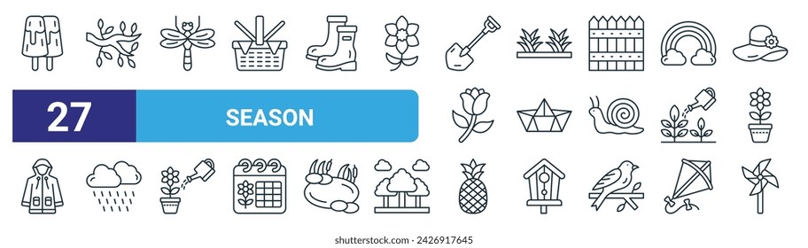 set of 27 outline web season icons such as ice lolly, branch, dragonfly, grass leaves, paper boat, rainy, pine, pinwheel vector thin line icons for web design, mobile app.
