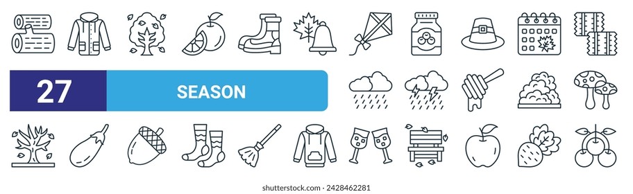 set of 27 outline web season icons such as tree log, raincoat, autumn tree, jam, storm, eggplant, glass, berries vector thin line icons for web design, mobile app.