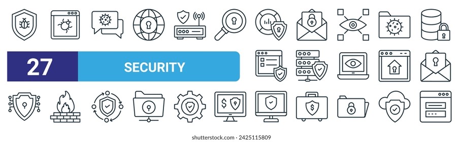 set of 27 outline web security icons such as antivirus, web, message, mail, security, firewall, cyber security, website vector thin line icons for web design, mobile app.