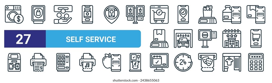 Set von 27 Outline Web Self Service Icons wie Wäscheservice, Sicherheit, Geldautomat, Telefon, Autowäsche, Quittung, Termin, Pin-Code Vektor dünne Linie Icons für Web-Design, mobile App.