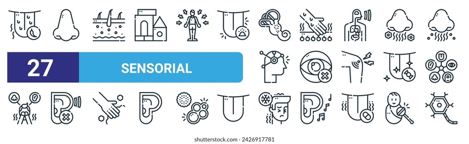 set of 27 outline web sensorial icons such as spicy, e, skin, hot, blind, deaf, cold, neuron vector thin line icons for web design, mobile app.