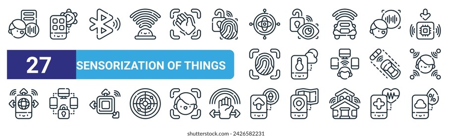 conjunto de 27 iconos de la sensorización web del contorno de las cosas tales como reconocimiento de voz, medios, , desbloqueado, temperatura, multi dispositivo, brújula, vector de humedad iconos de línea delgada para el diseño web, aplicación móvil.