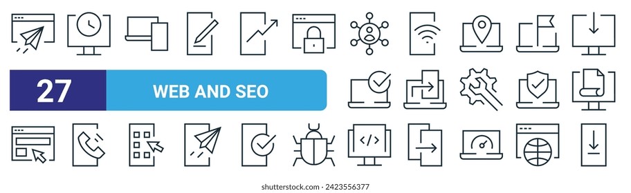 conjunto de 27 iconos web de esquema y seo como plano de papel, hora, dispositivos, wifi, datos de transferencia, llamada telefónica, código, iconos de línea delgada vectorial de descarga para diseño web, aplicación móvil.