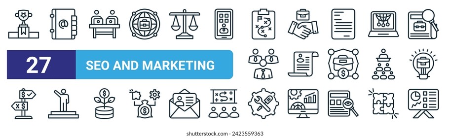 set of 27 outline web seo and marketing icons such as victory, contacts, co leaders, deal, recruitment, leadership, support, presentation vector thin line icons for web design, mobile app.
