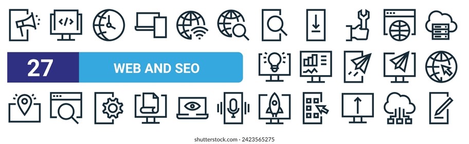 Set von 27 Umriss Web-und seo-Symbole wie Megaphon, Code, Weltzeit, Download, Analyse, Suche, Rakete, Bearbeiten Vektor dünnen Linie Symbole für Web-Design, mobile App.