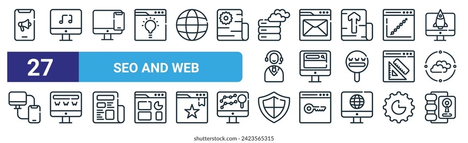 set of 27 outline web seo and web icons such as mobile marketing, music, device, mail inbox, search bar, search engine, protection, backup vector thin line icons for web design, mobile app.