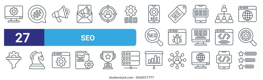 Set von 27 Outline Web SEO Icons wie Computer, HaTag, Broadcast, Tag, Browser, Strategisches Geschäft, Analyse, Überprüfung Vektor dünne Linie Icons für Web-Design, Mobile App.