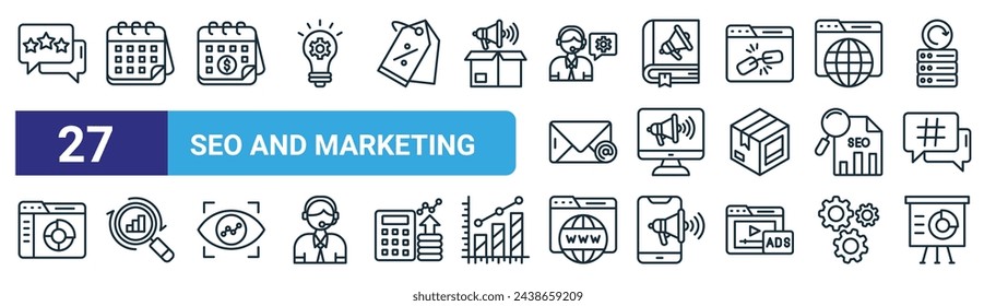Set von 27 Outline Web SEO und Marketing-Icons wie Testimonial, Kalender, Abonnement, Leitfaden, digitales Marketing, Analyse, Domain, Präsentation Vektor dünne Linie Icons für Web-Design, mobil