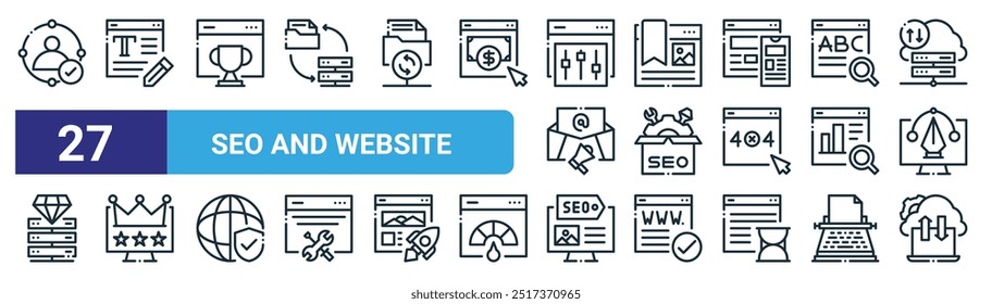 conjunto de 27 tópicos web seo e ícones do site, como conta verificada, blog, ranking, marcador, seo, conteúdo premium, marca seo, vetor de computação em nuvem ícones de linha fina para web design, aplicativo móvel.